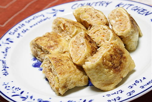 今日のキムチ料理レシピ：油揚げのキムチひき肉包み焼き