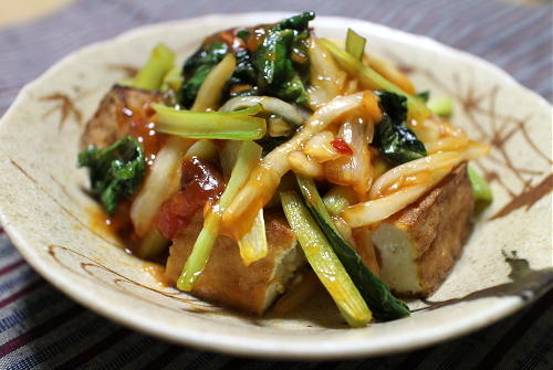 今日のキムチレシピ：焼き厚揚げの小松菜キムチあんかけ