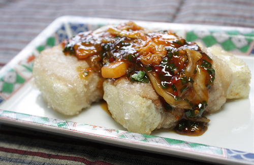 今日のキムチ料理レシピ：豆腐の豚肉巻きキムチあんかけ