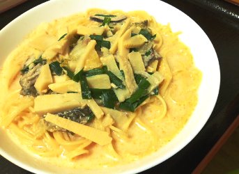 今日のキムチ料理レシピ： たけのことキムチのヘルシー豆乳スープパスタ