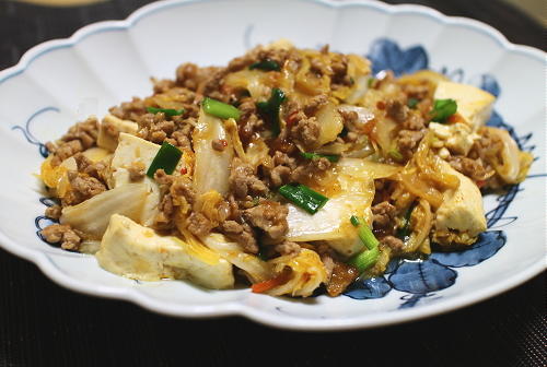 白菜と豆腐のキムチひき肉炒めレシピ