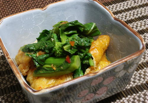 今日のキムチ料理レシピ：菜花と油揚げのピリ辛煮びたし