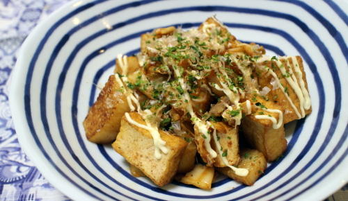 今日のキムチ料理レシピ：揚げと長芋とキムチのウスターソース炒め