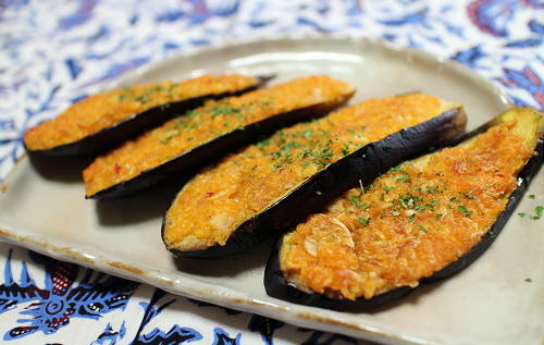 今日のキムチ料理レシピ： 茄子のキムチパン粉焼き