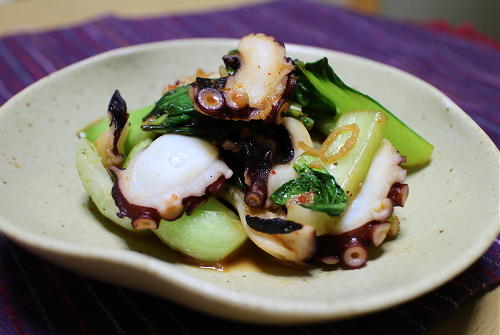 今日のキムチ料理レシピ：チンゲン菜とタコのキムチ炒め