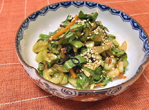 今日のキムチ料理レシピ：青梗菜のピリ辛塩昆布和え