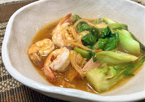 今日のキムチ料理レシピ：青梗菜とエビのキムチ炒め煮