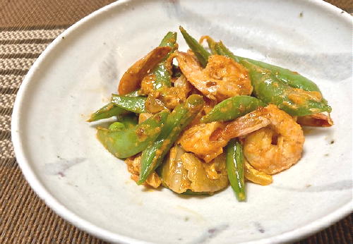 今日のキムチ料理レシピ：エビとスナップエンドウのキムチケチャマヨ炒め
