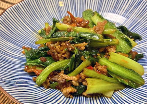 今日のキムチ料理レシピ：小松菜のピリ辛ひき肉炒め