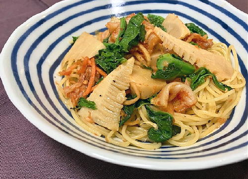 今日のキムチ料理レシピ：菜の花とタケノコのキムチパスタ